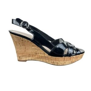 Franco Sarto Casey Cork Wedge Sandals Heels Black Faux Patent Women's 5.5M